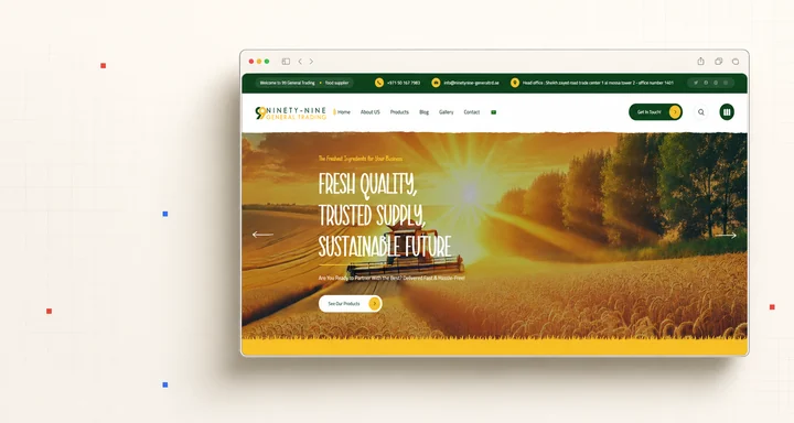 99 General Trading UAE website shown in a browser frame with food-supply product discovery
