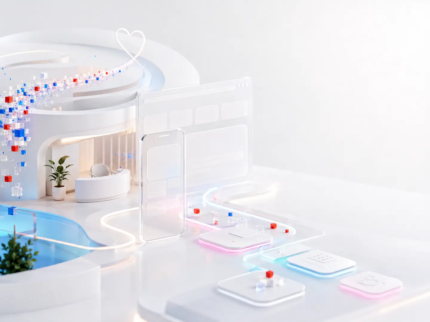 3D healthcare trust journey built from connected red and blue pixels for New Life Clinics