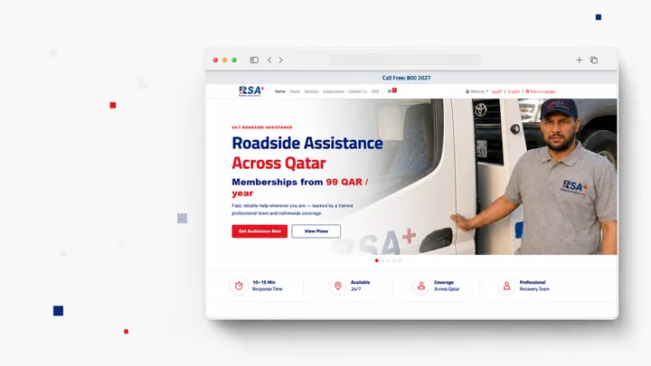 RSA+ Qatar website shown in a browser frame with roadside-assistance service content