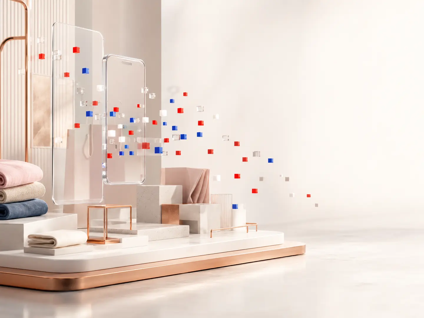 3D fashion retail display built from red, blue and transparent pixels for TA VIE