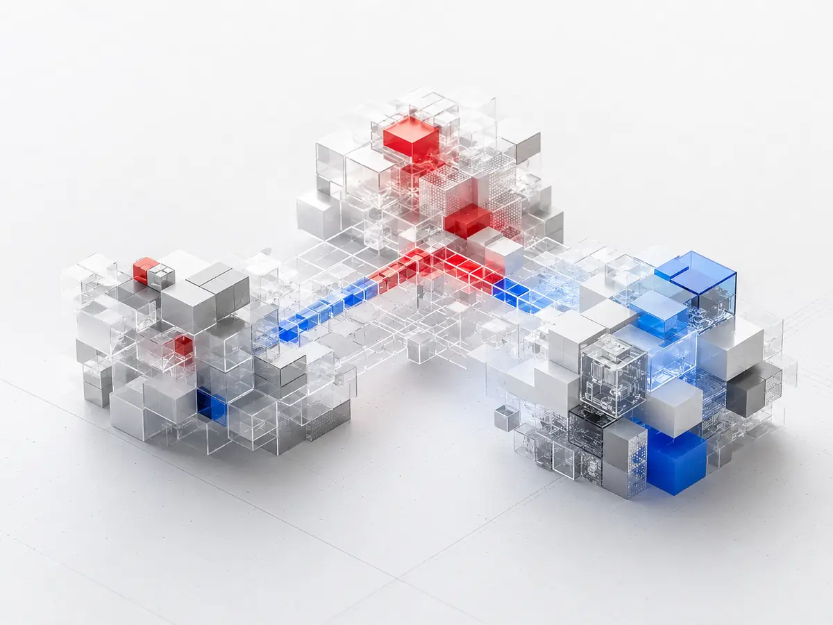 3D pixel illustration supporting the Multi Pixels Many disciplines. One clear direction. page