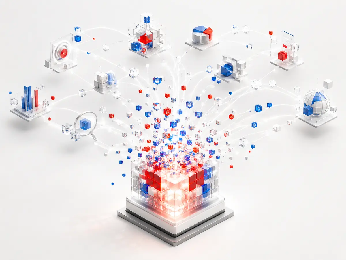 3D pixel illustration supporting the Multi Pixels Built around how your market really moves. page