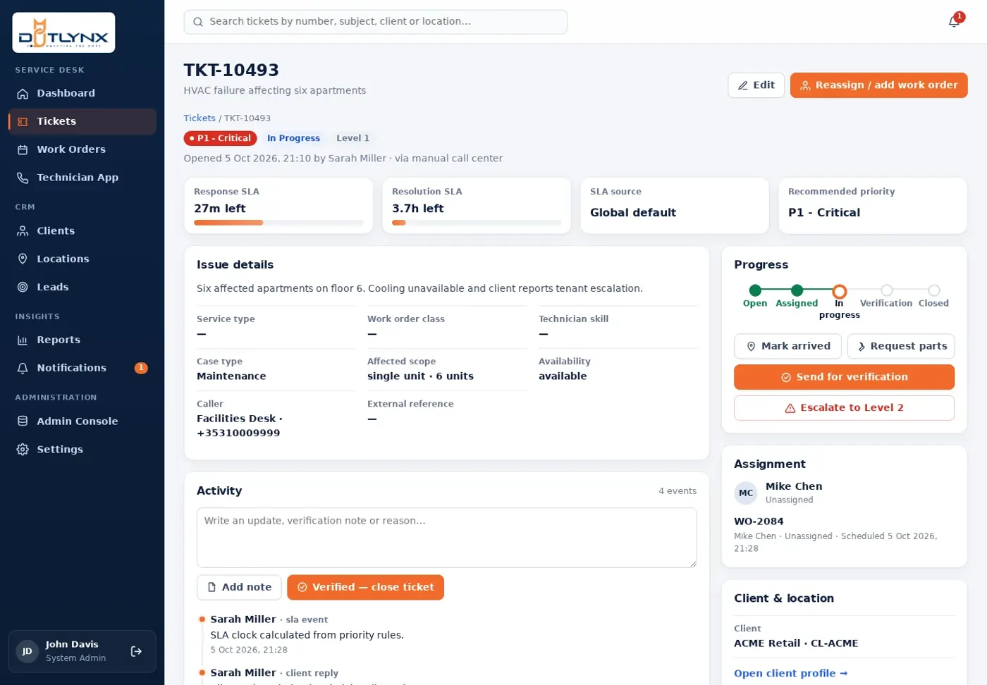 Facility Management CRM — Ticket details