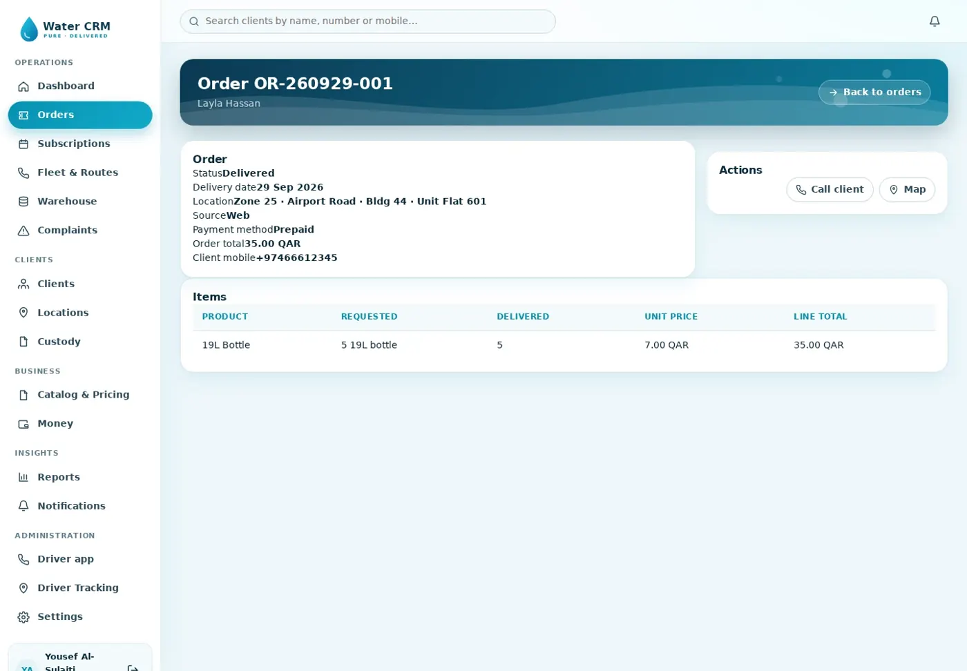 Water Delivery CRM — Delivery details