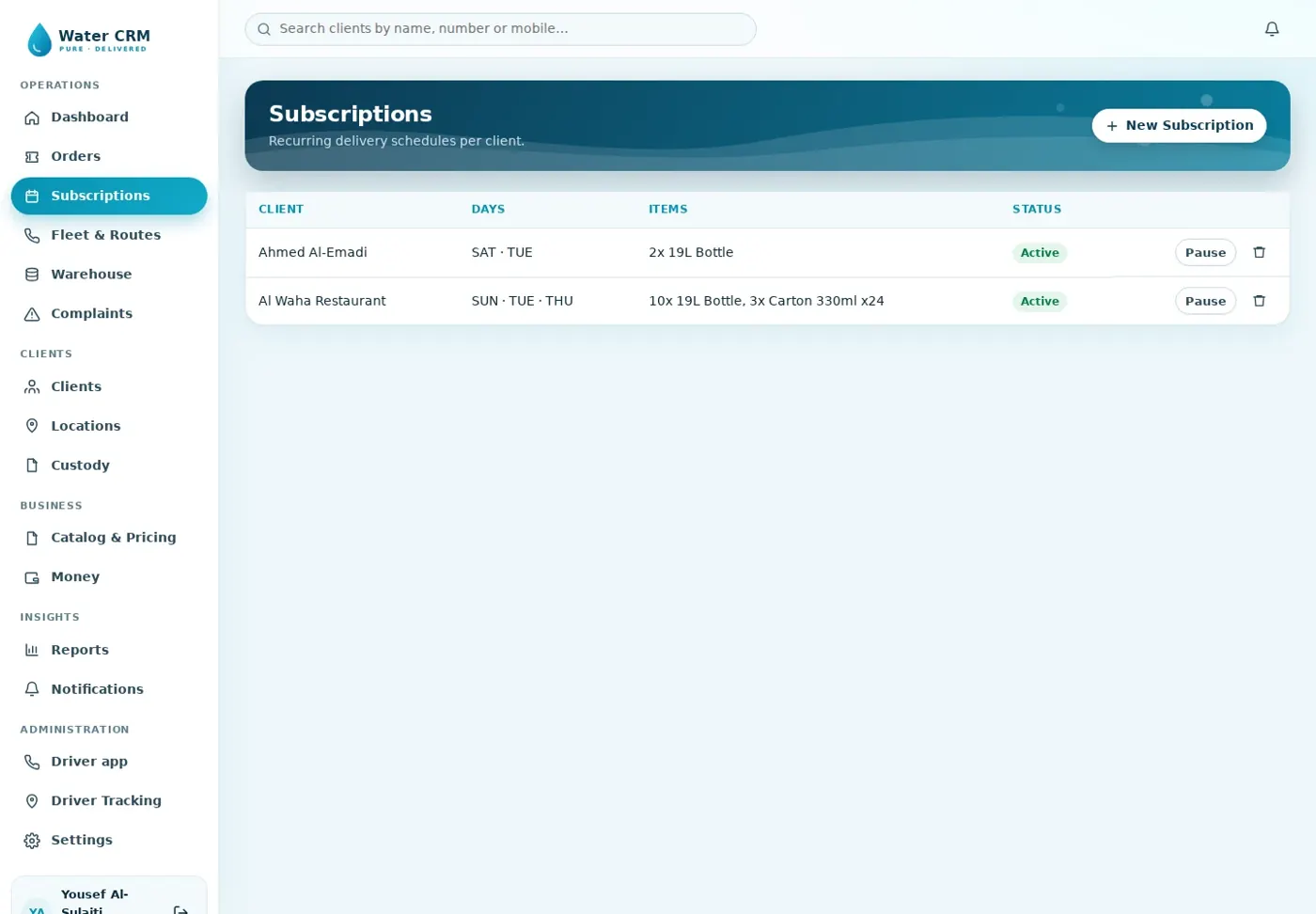 Water Delivery CRM — Subscriptions