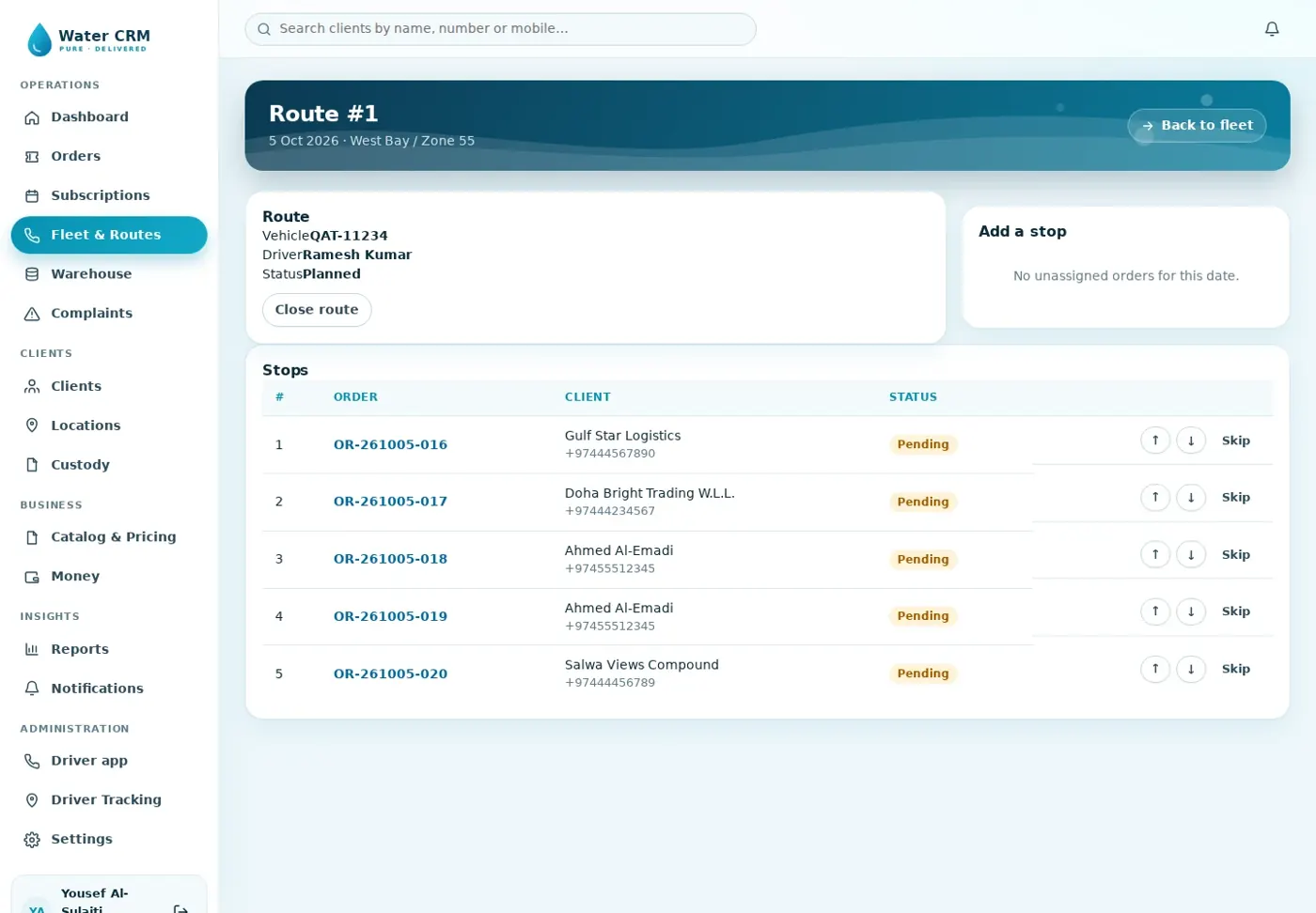 Water Delivery CRM — Delivery routes