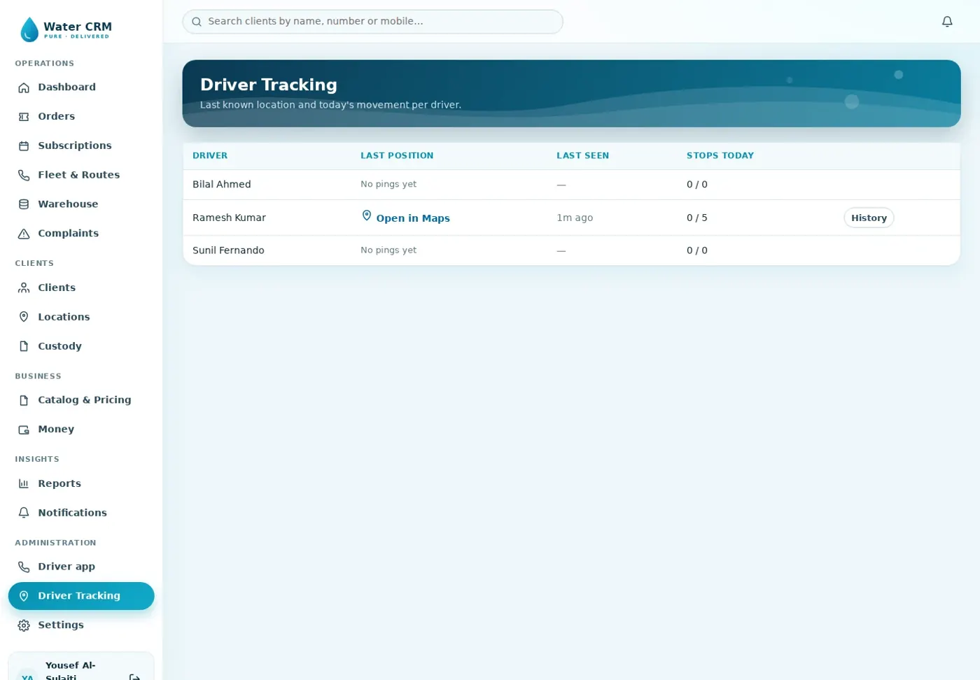 Water Delivery CRM — Driver tracking