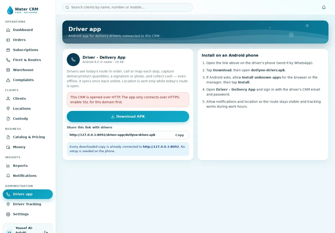 Water Delivery CRM — Driver app download